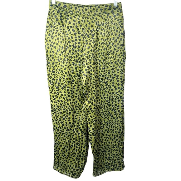 Zara Large Satin Flowy Animal Leopard Cheetah Kelly Green Wide Leg Trousers - Picture 8 of 13